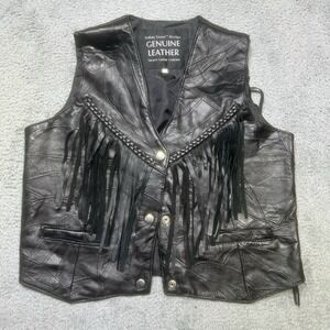 Vintage Navarre Leather Vest Women's L Black Fringe Biker Moto Western Patchwork